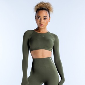 Top DFYNE Dynamic Long Sleeve Crop Mujer Verde Oliva | 104269XHI